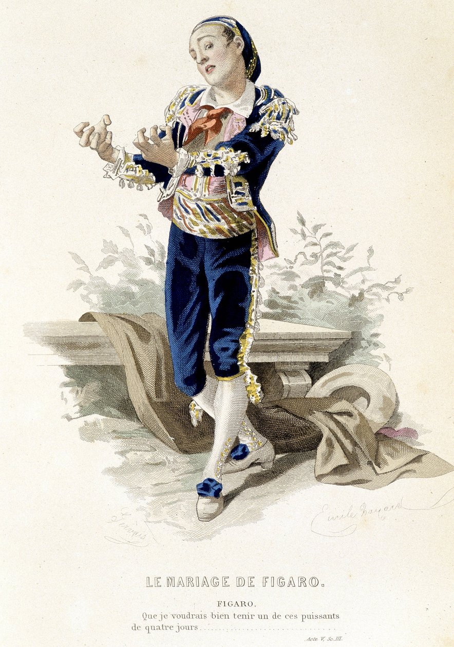Figaro in „Die Hochzeit des Figaro“ - in „Gesammelte Werke von Beaumarchais“, Zeichnungen von Emile Bayard, ed. Laplace Sanchez & cie, Paris von Emile Antoine Bayard