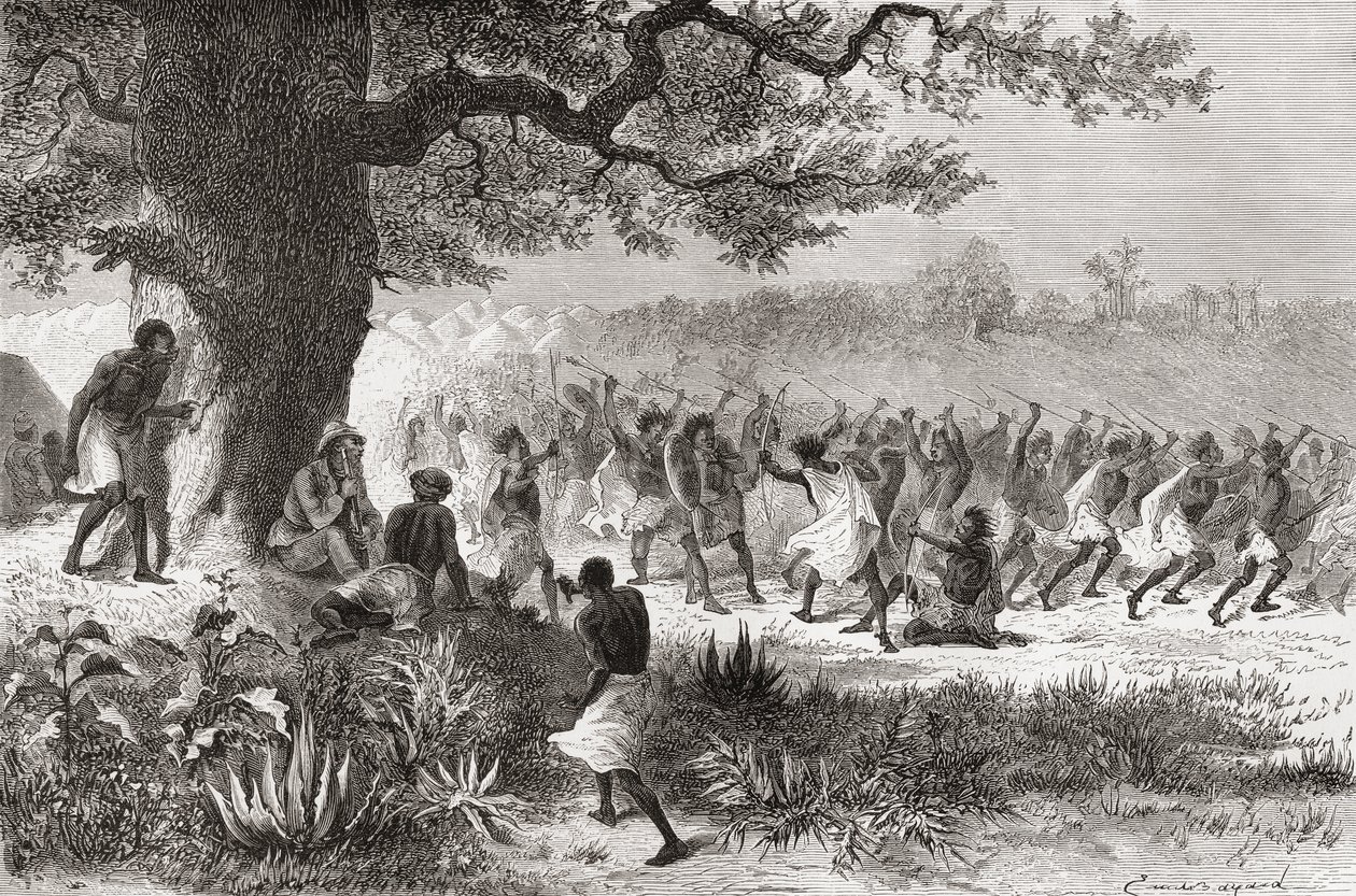 Henry Morton Stanley beobachtet den Vouagogos-Stamm bei der Schlachtvorbereitung während seiner Expedition 1871, Illustration aus 