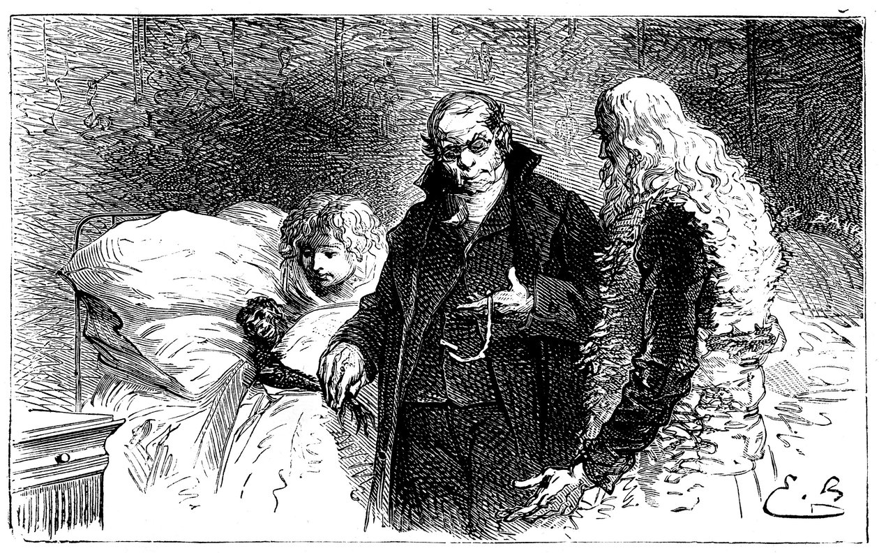 Illustration von Emile Bayard für Hector Malots Roman „Sans Famille“: Joli-Coeur (schönes Herz), der kranke Wissenschaftsaffe wird von einem Arzt untersucht (auskultiert von einem Arzt, der ihm das Huhn wegnimmt) in Anwesenheit von Remi und Monsieur Vitali von Emile Antoine Bayard