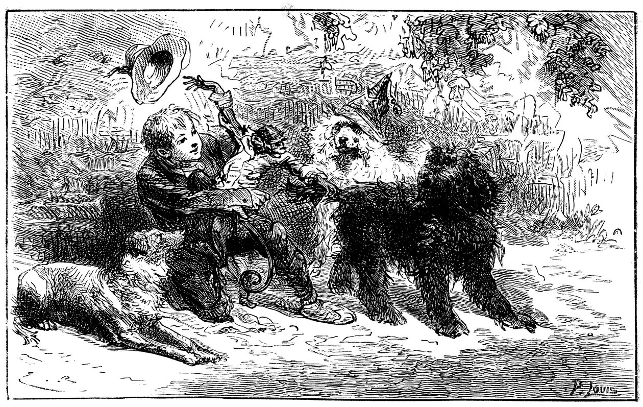 Illustration von Emile Bayard für Hector Malots Roman „Sans Famille“: Remi spielt mit seinen Freunden, den gelehrten Tieren der Truppe von Monsieur Vitalis, reisender Künstler - Joli-Coeur (schönes Herz), der Affe und die drei Hunde Capi, Zerbino und Dol von Emile Antoine Bayard