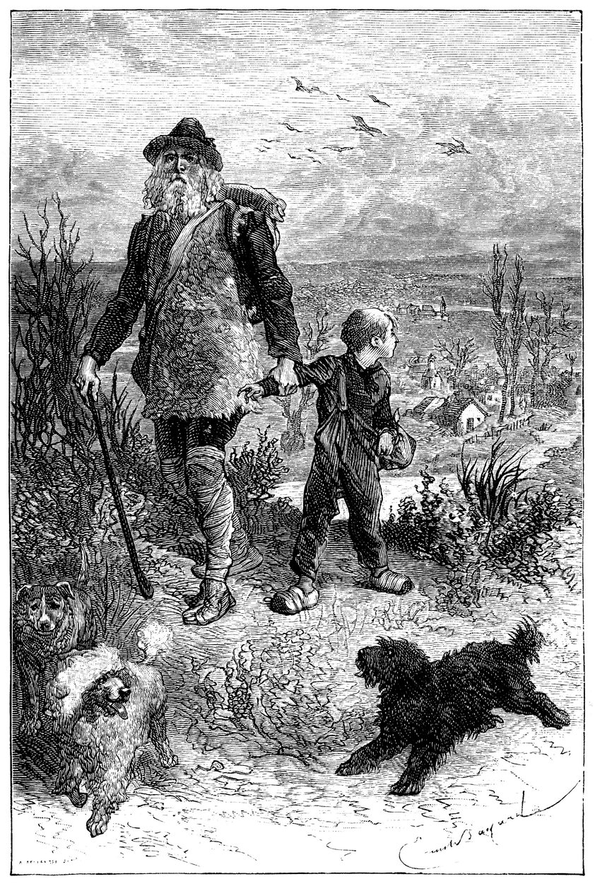 Illustration von Emile Bayard für den Roman von Hector Malot „Ohne Familie“: Remi verlässt mit Monsieur Vitalis, reisender Künstler und seine gelehrten Tiere, die drei Hunde Capi, Zerbino und Dolce - Hetzel-Ausgabe 1880 von Emile Antoine Bayard