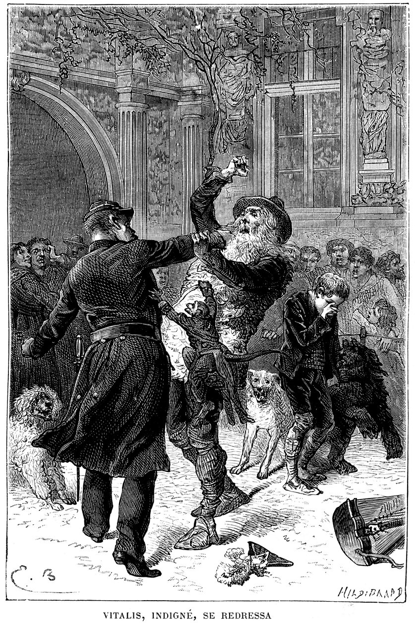 Illustration von Emile Bayard für Hector Malots Roman "Sans Famille": in Toulouse wird Monsieur Vitalis, unwürdig, von einem Polizisten vor Remi und seinen Freunden, den gelehrten Tieren der Truppe, verhaftet: Joli-Coeur, der Affe von Emile Antoine Bayard
