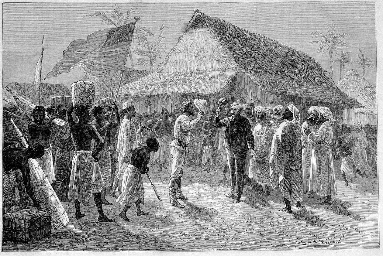 Treffen zwischen Sir Henry Morton Stanley und David Livingstone, in „Le Tour du Monde“ von Emile Antoine Bayard