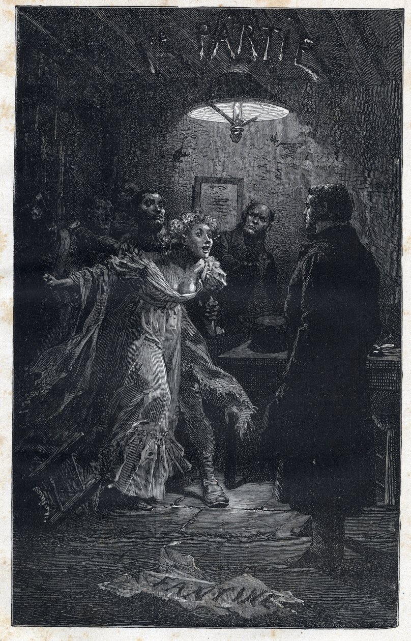 Monsieur Madeleine kommt Fantine bei ihrer Verhaftung durch Javert zu Hilfe - Illustration von Emile Bayard (1837-1891) für „Les Misérables - Erste Partie: Fantine“ von Victor Hugo (1802-1885) 1862 von Emile Antoine Bayard