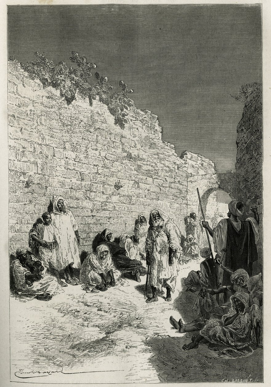 Warten auf die Audienz des Sultans, eine Gruppe von Männern, Frauen, Städtern, Landleuten, Bürgern und Bettlern in den Straßen von Fes (Fez), der Sultan gewährt dreimal wöchentlich eine Audienz für jeden, der um einen Gefallen oder Gerechtigkeit bittet, ge von Emile Antoine Bayard