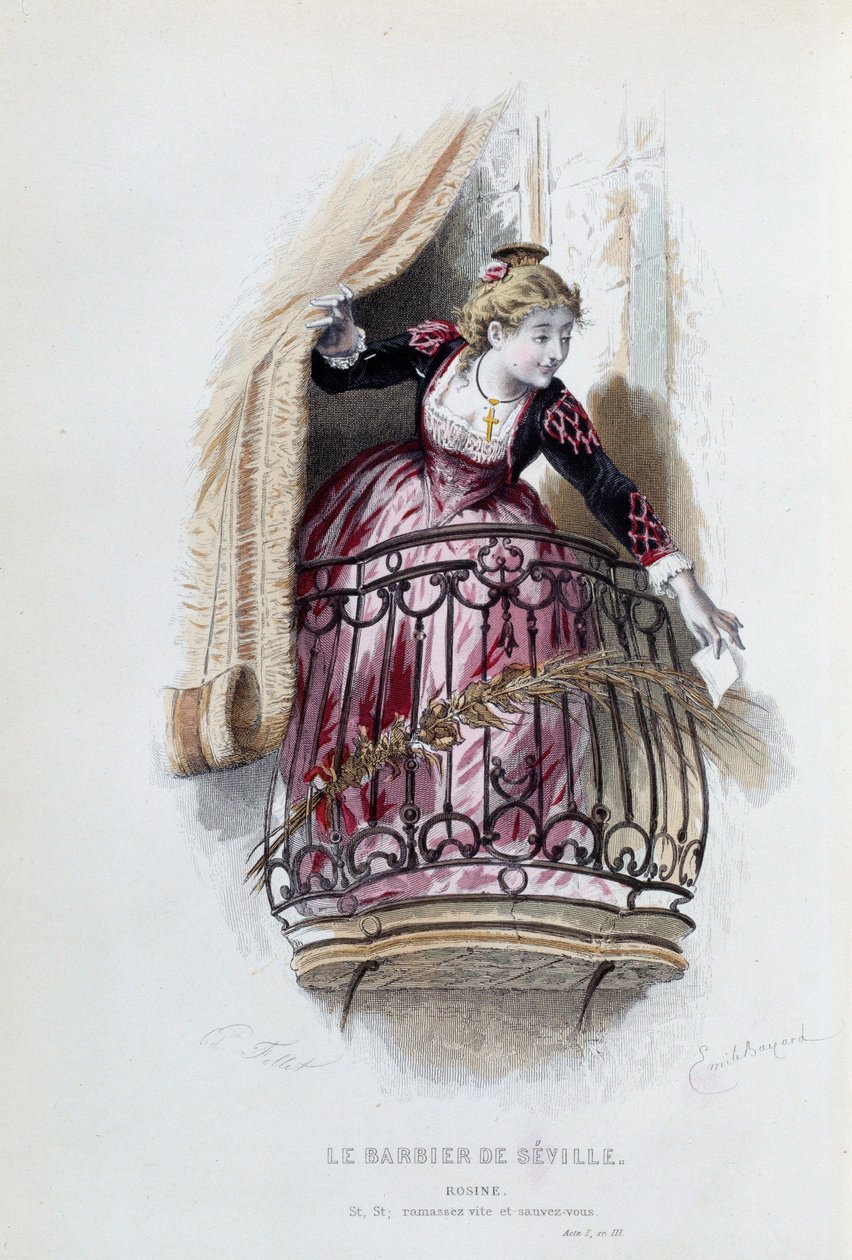 Rosine in „Der Barbier von Sevilla“ von Pierre Augustin Caron de Beaumarchais (1732-1799), Zeichnungen von Emile Bayard (1837-1891) von Emile Antoine Bayard