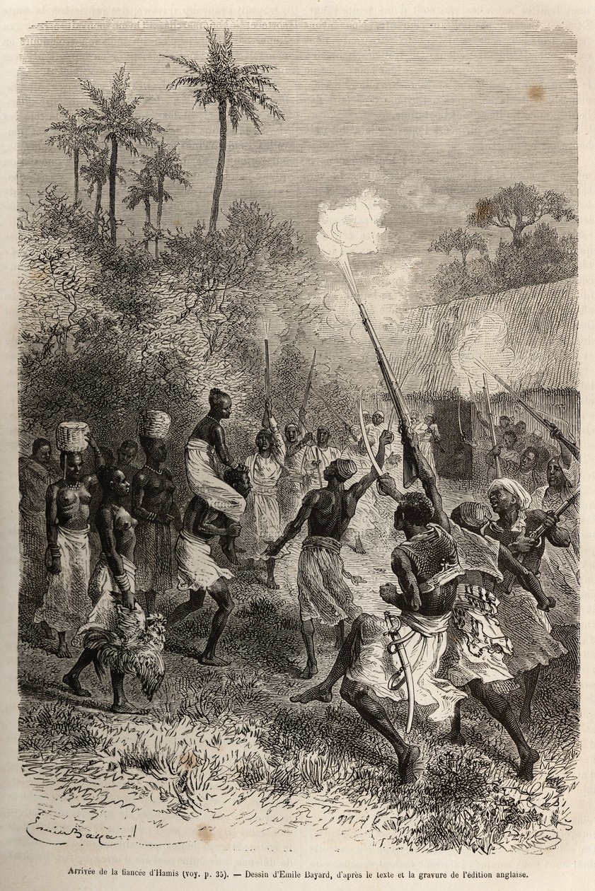 Die Ankunft der Verlobten von Hamis im Dorf Hara (Sambia), auf den Schultern eines Mannes, begleitet von einem Dutzend Anhängern, die jeweils einen kleinen Korb mit Proviant auf dem Kopf tragen, geätzt nach einer Zeichnung von Emile Bayard, zur Illustratio von Emile Antoine Bayard