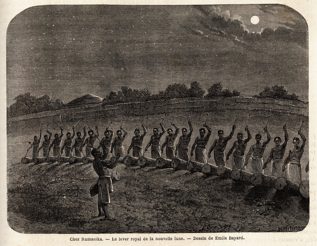 Die Zeremonie der Trommeln zum Aufgang des neuen Mondes, an der Spitze des Stammes Rumanika, in Karague (westlich des Viktoriasees, im heutigen Simbabwe), Zeichnung von Emile Bayard, Illustration der Entdeckungsreise von Captain Speke in Afrika 186 von Emile Antoine Bayard