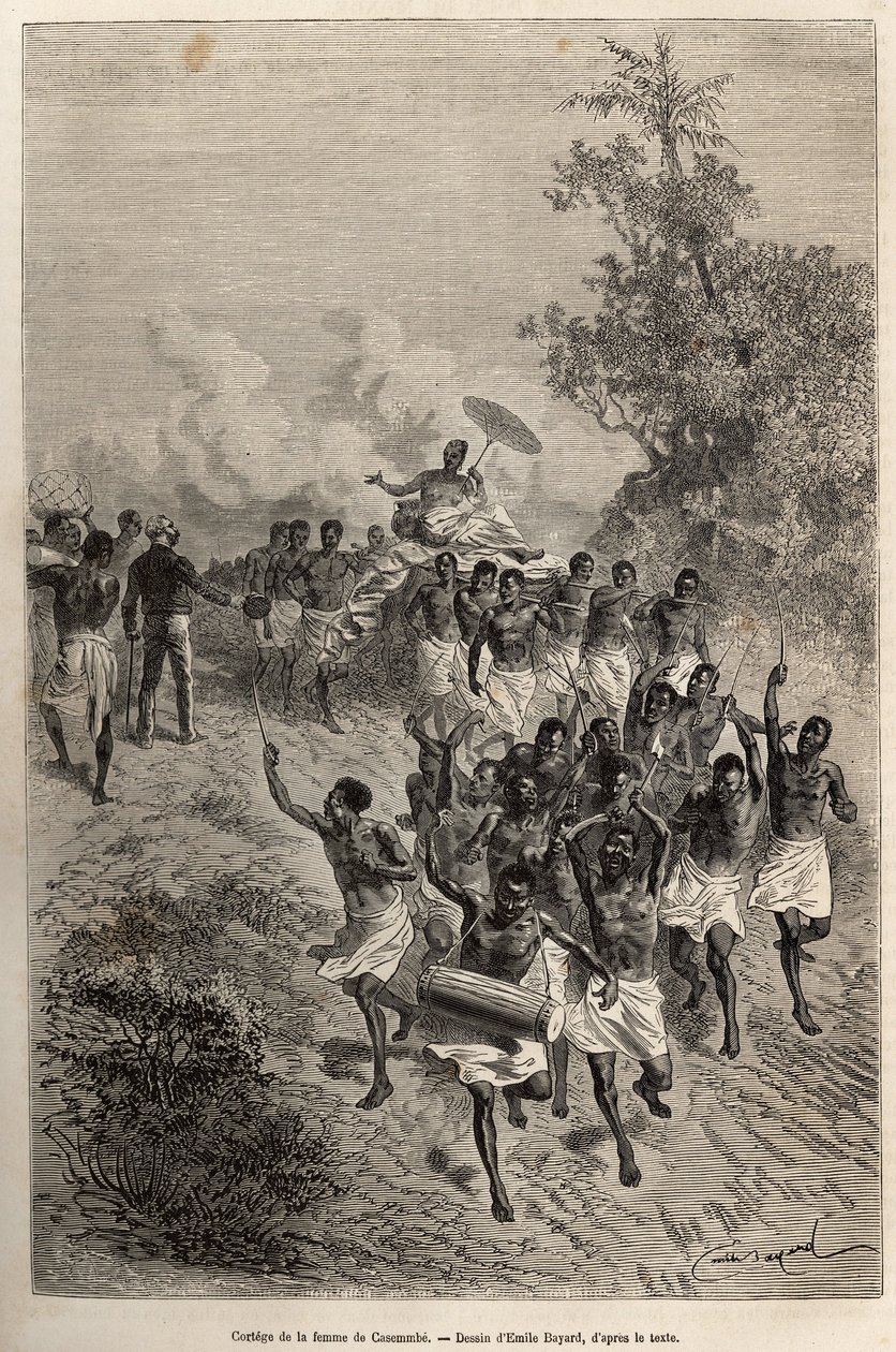 Der Zug der Frau von Cassemmbe zieht an Livingstone vorbei, der sie grüßt, graviert nach einer Zeichnung von Emile Bayard, zur Illustration des letzten Tagebuchs von David Livingstone (1813-1873), 1866-1873, veröffentlicht in „Le tour du monde“ 1875, herau von Emile Antoine Bayard