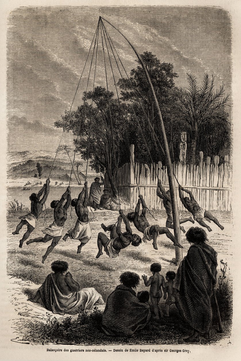 Die Schaukel der neuseeländischen Krieger auf der Landenge von Auckland, Zeichnung von Emile Bayard, zur Illustration von Ferdinand de Hochstetters Reise nach Neuseeland von 1858 bis 1860. Gravur in „Le tour du monde“, herausgegeben von Edouard Charton von Emile Antoine Bayard