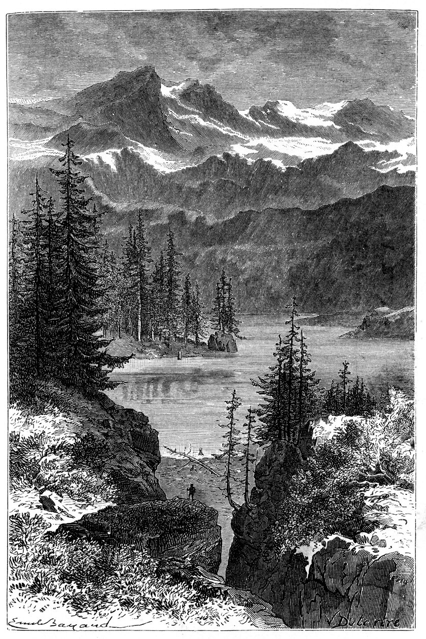 Blick auf die Alpen: Wald, See, Gipfel. Illustration von Emile Bayard für das Buch Les Montagnes von Albert Dupaigne, Ausgabe Mame 1881. von Emile Antoine Bayard