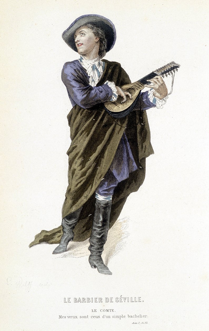 Der Graf Almavira in „Le barbier de Seville“ in „Oeuvres complètes de Beaumarchais“, ed. Laplace Sanchez & cie, Paris von Emile Antoine Bayard