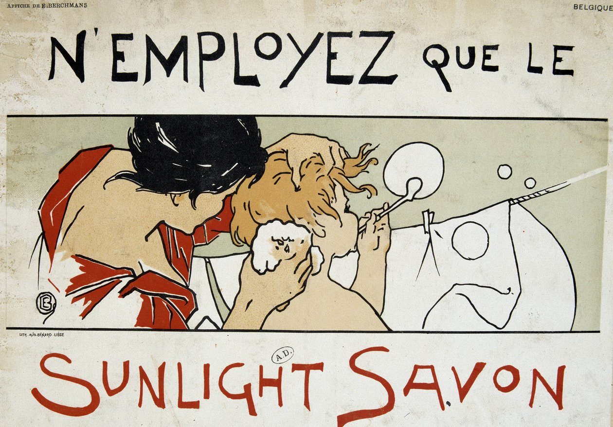 Verwenden Sie nur Sunlight-Seife, Mutter macht die Toilette ihres Kindes und Wäsche - von Berchmans, Ende des 19. Jahrhunderts von Émile Berchmans