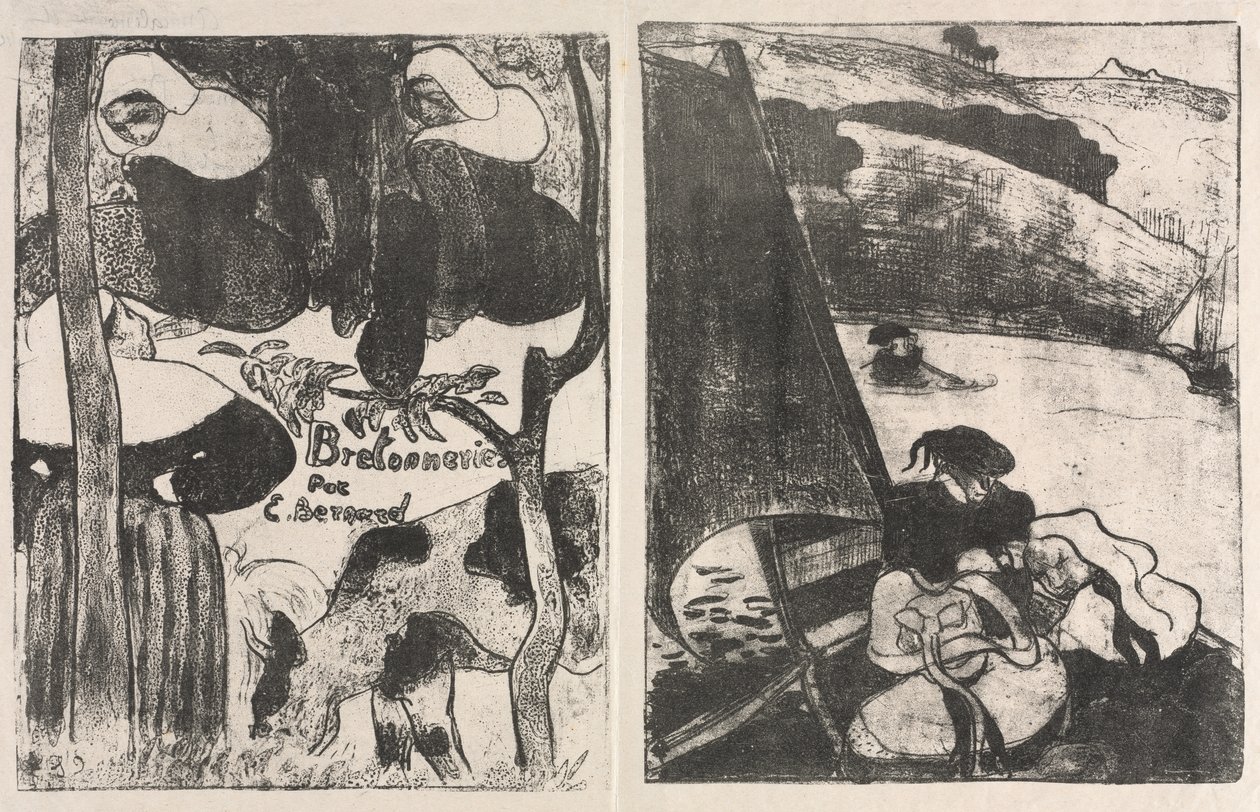 Les Bretonneries: Titelseite (Page de Titre) und Die Rückkehr von der Wallfahrt (Le Retour du Pardon) von Emile Bernard