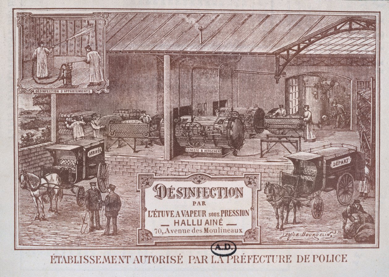 Plakat, das Maschinen zur Desinfektion durch Dampf bewirbt, produziert von Hallu Aine, Ende des 19. Jahrhunderts von Emile Bourdelin