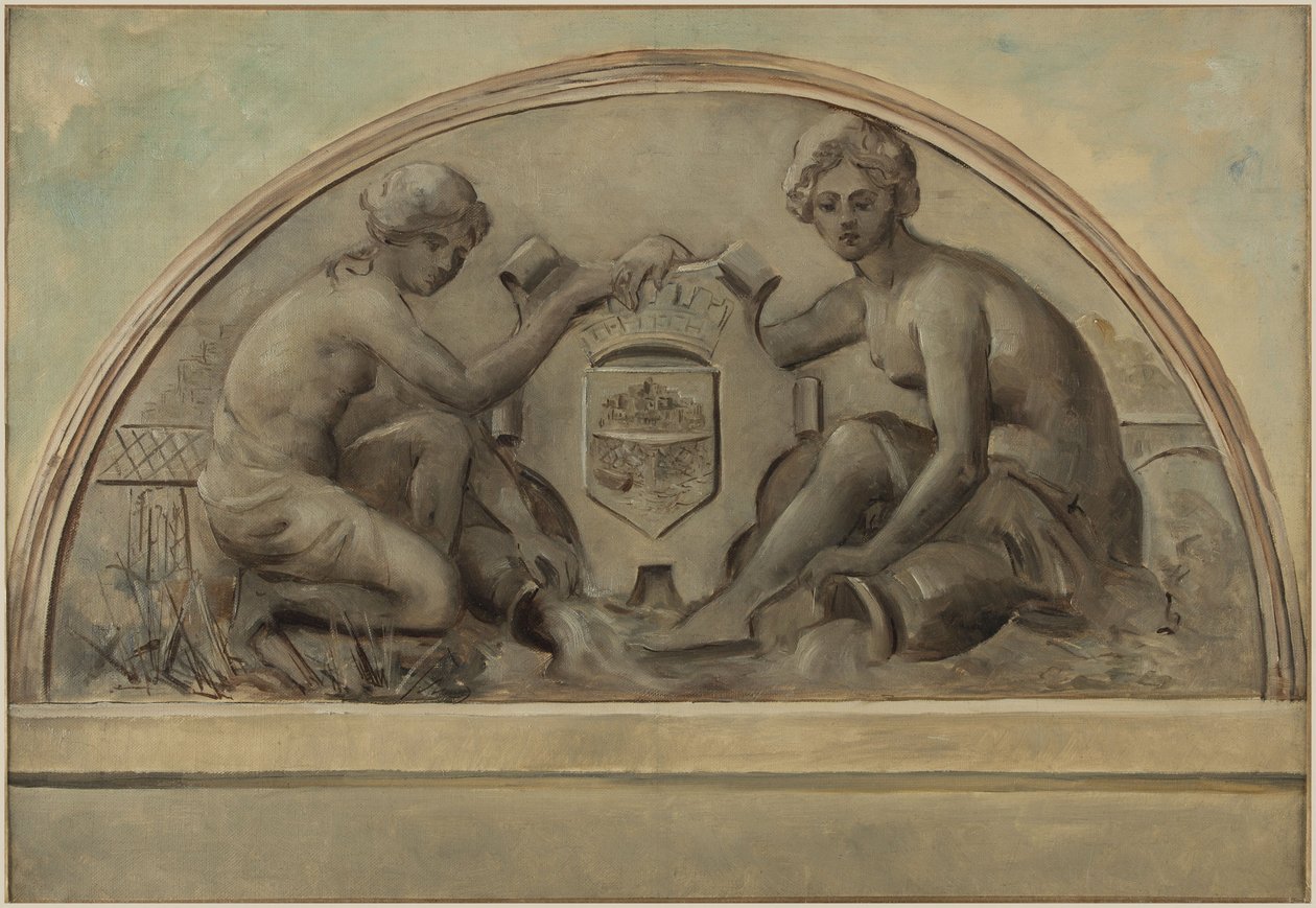 Skizze für den Giebel der Schule von Alfortville: Die Seine und die Marne umrahmen das Wappen von Alfortville, 1898 von Emile Delbos