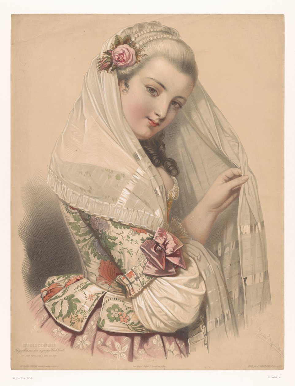 Verschleierte junge Frau mit einer Rose im Haar von Emile Lassalle