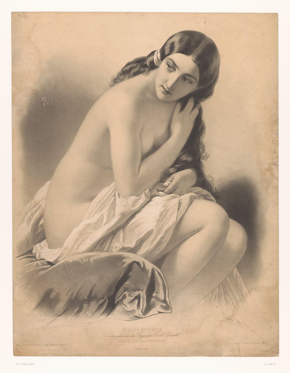 Sitzende nackte Frau, die eine Wespe betrachtet (Die Wespe, Studien ausgewählter Künstler, Études choisies) von Emile Lassalle