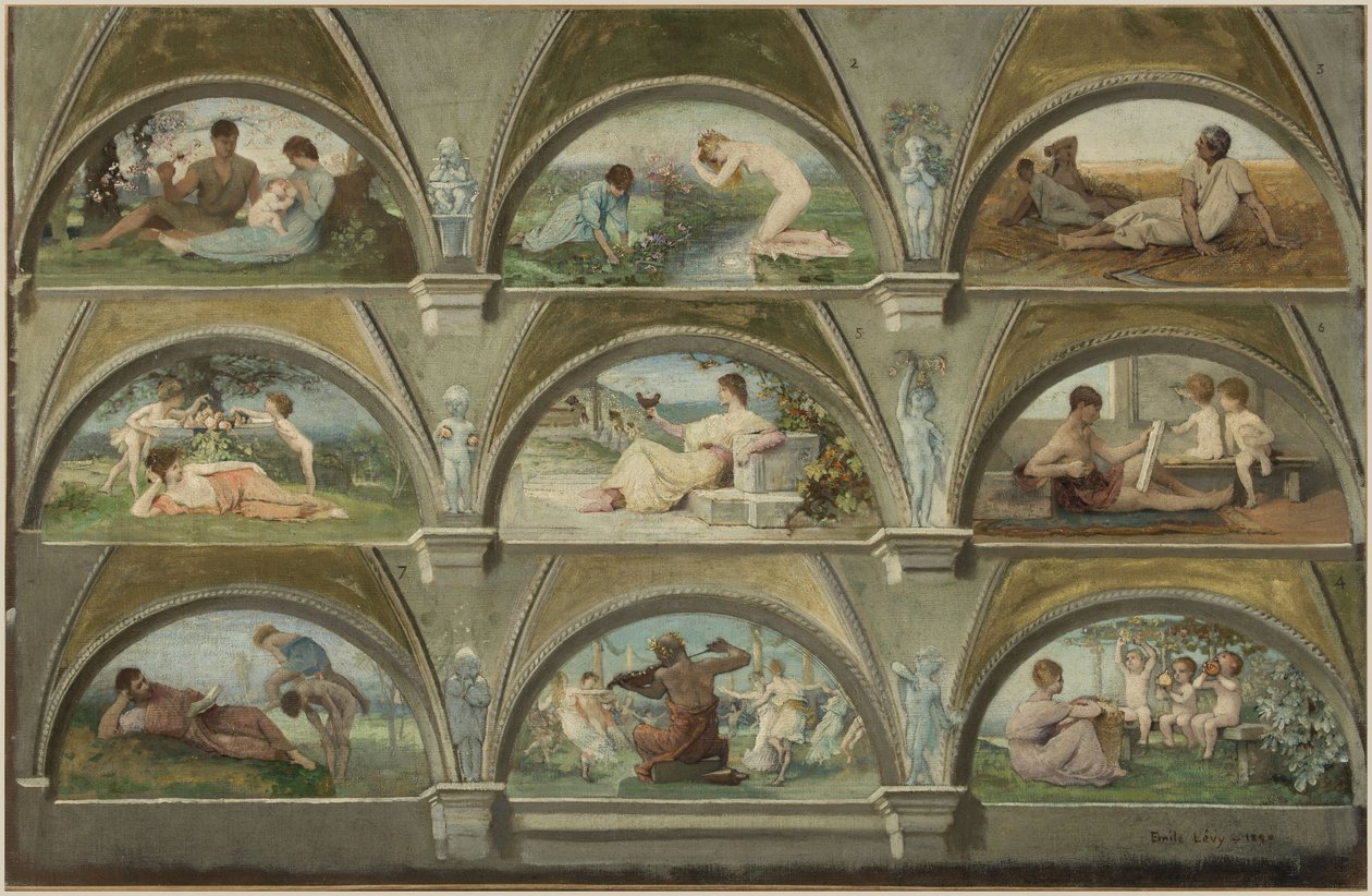 Skizze für den Salon des Karyatiden im Hôtel de Ville in Paris: Allegorische Szenen des täglichen Lebens (Gewölbe) von Emile Levy