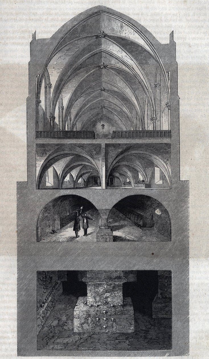Querschnitt des Napoleon-Gymnasiums in Paris (heute Lycée Henri IV). Von oben nach unten: der Speisesaal, die Küche, die Keller, die Katakomben. Gravur von Therond. In „Le Magasin Pittoresque“ von Emile Theodore Therond