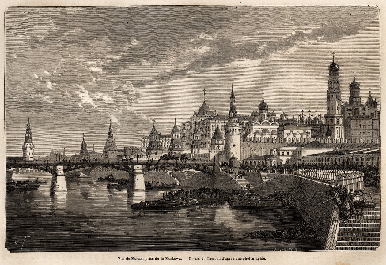 Gesamtansicht von Moskau, aufgenommen von der Moskowa, Zeichnung von Therond zur Illustration der Reise von Shanghai nach Moskau von 1859 bis 1862 von M. de Bourboulon, Minister von Frankreich in China. Gravur in „Le tour du monde“, herausgegeben von Edoua von Emile Theodore Therond