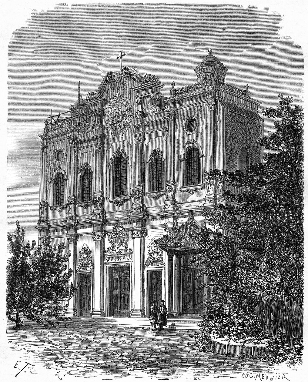Ansicht der Fassade der Kathedrale von Nantang, erbaut auf dem Gelände des Hauses von Matteo Ricci (1552-1610), Vater des Katholizismus in China. Gravur nach einer Zeichnung von Therond, in „Le Tour du Monde, Nouveau journal des Voyages“, herausgegeben von von Emile Theodore Therond