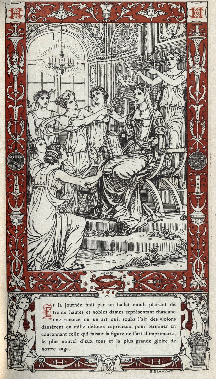 Ballett im Schloss von Fontainebleau, bei dem die Damen des Hofes von König Heinrich II. (1519 - 1559) jeweils eine Wissenschaft oder Kunst darstellen. Gravur von 1914 von Emmanuel Blanche (1880-1946).DR Private Sammlung. von Emmanuel Blanche