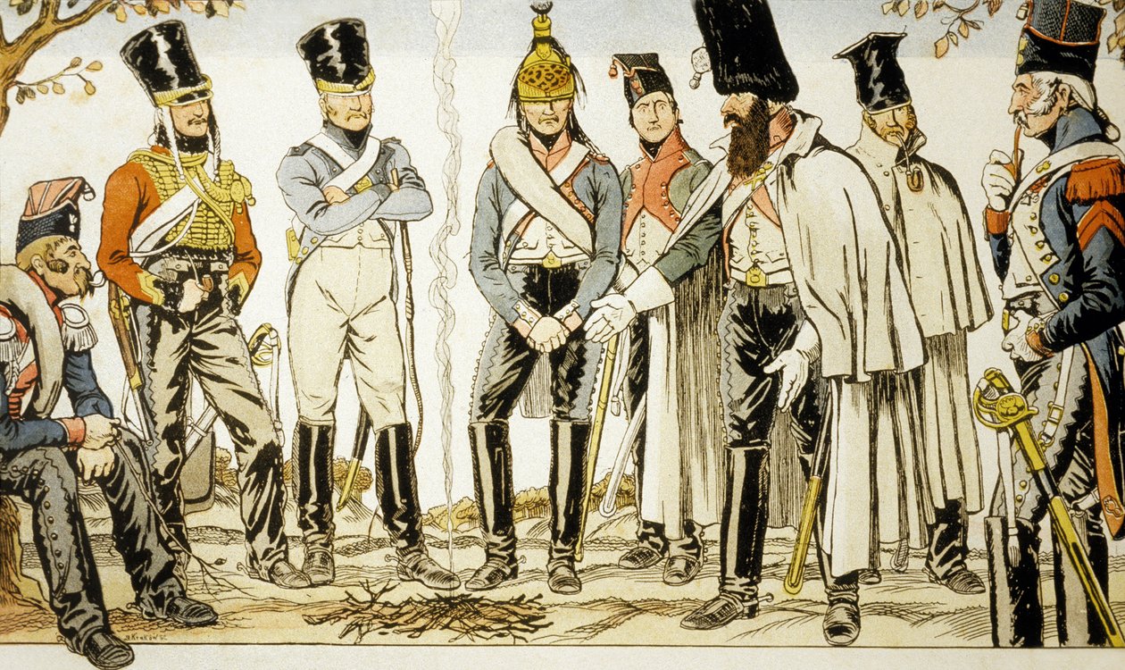 Französische Armee 1810 von links nach rechts: Leichter Lanzenreiter, Husarenreiter, Dragoner von Emmanuel Poire Caran D