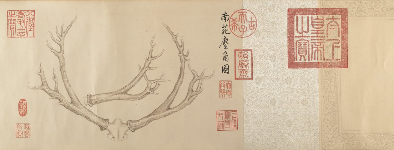 Zwei Gemälde von Hirschgeweihen, datiert 1762 und 1767 von Emperor Qianlong