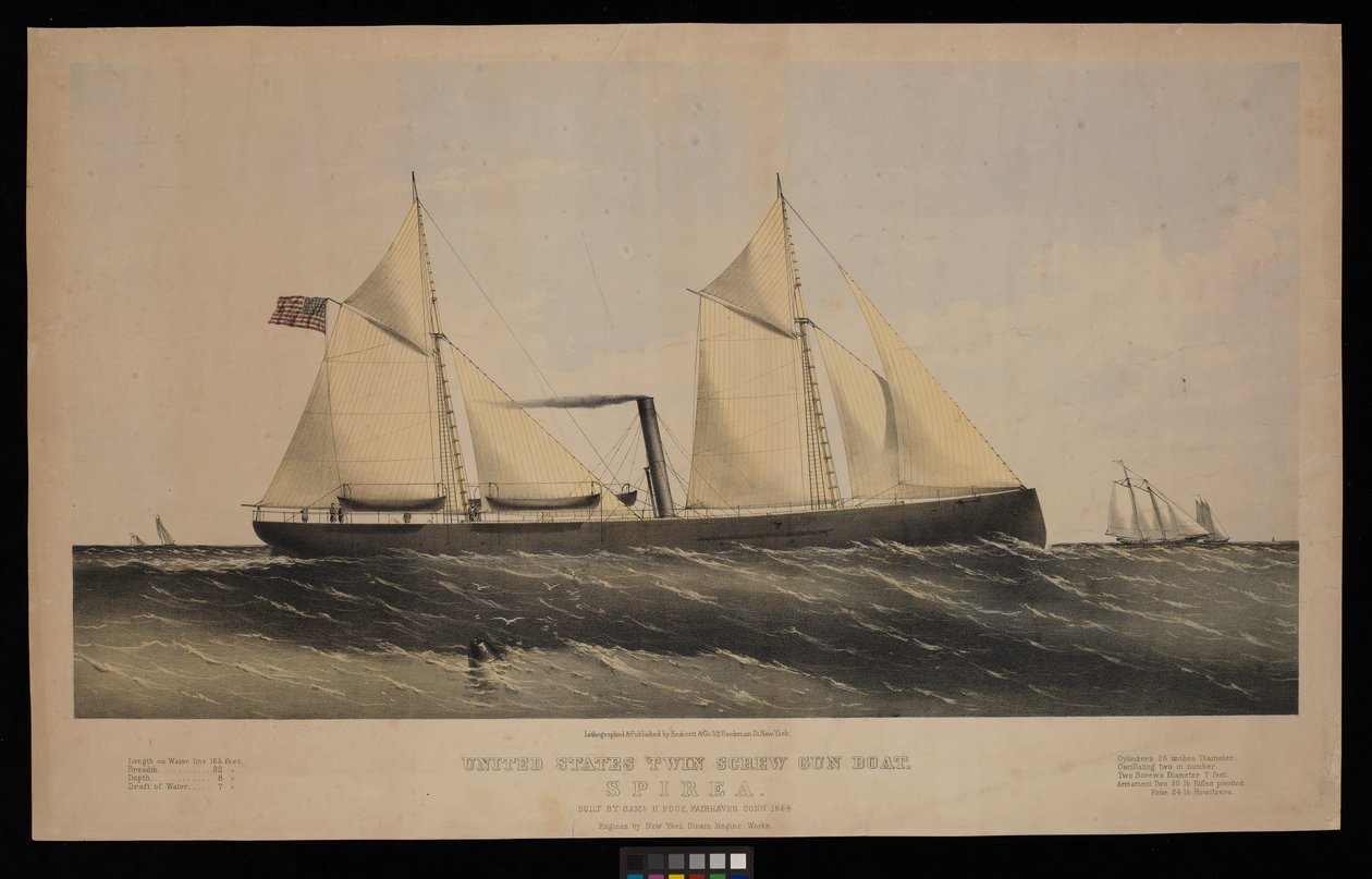 Zwillingsschrauben-Kanonenboot der Vereinigten Staaten. Spirea. Gebaut von Saml H Pouk Fairhaven Conn. 1864... (Farblithografie) von Endicott Endicott