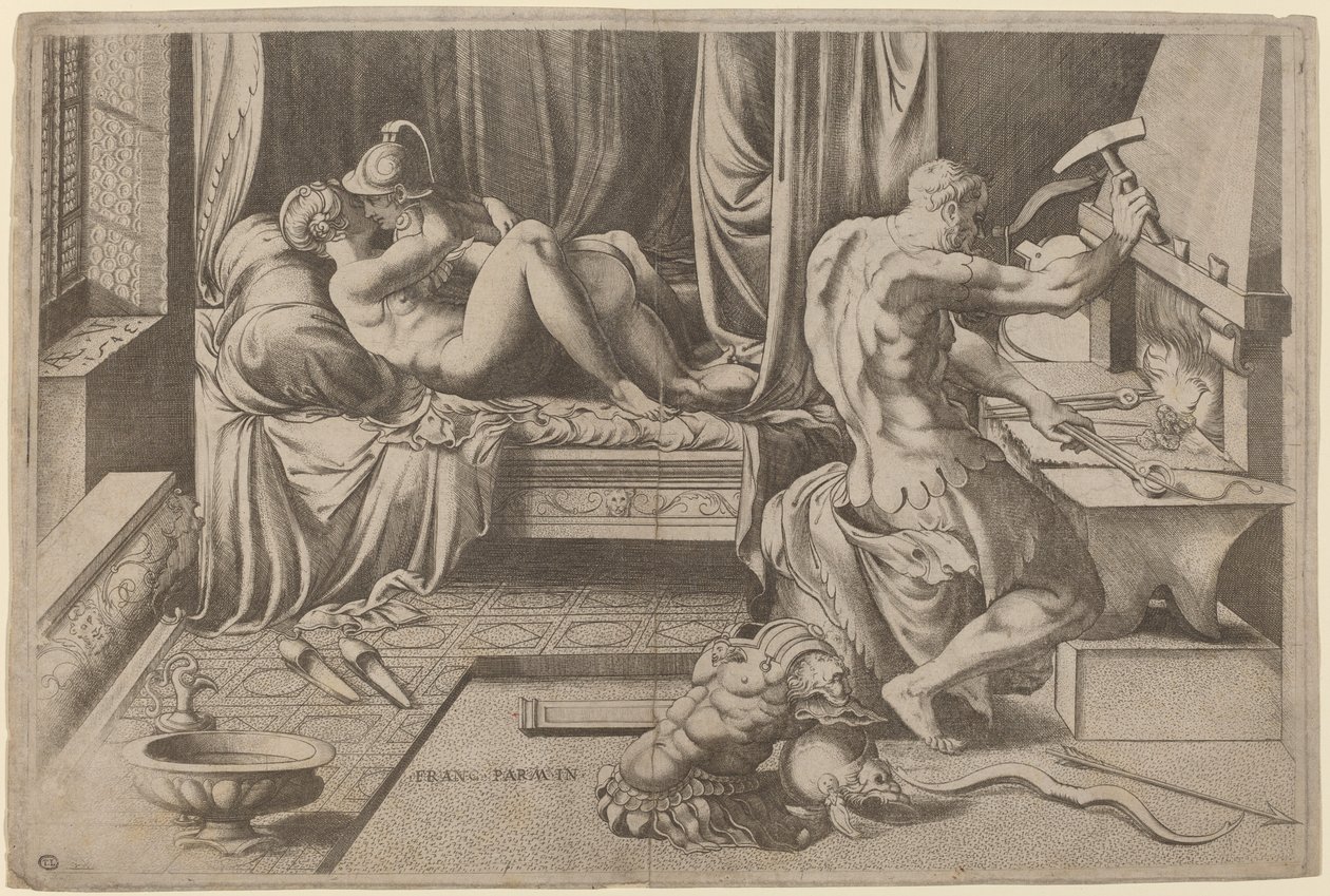 Venus und Mars umarmen sich mit Vulkan an seiner Schmiede von Enea Vico after Parmigianino