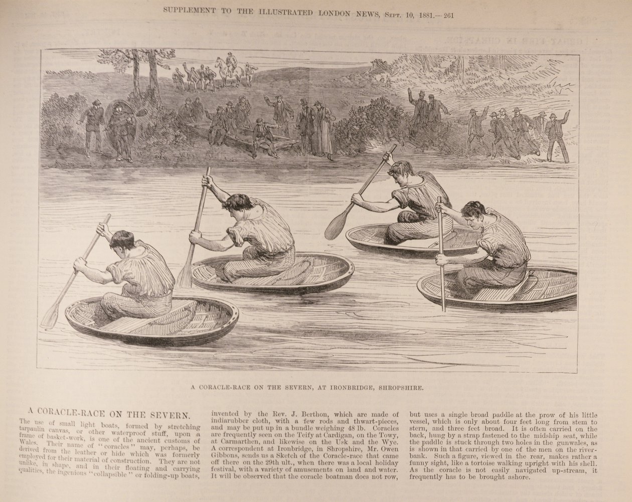 Ein Coracle-Rennen auf dem Severn bei Ironbridge, Shropshire, aus 