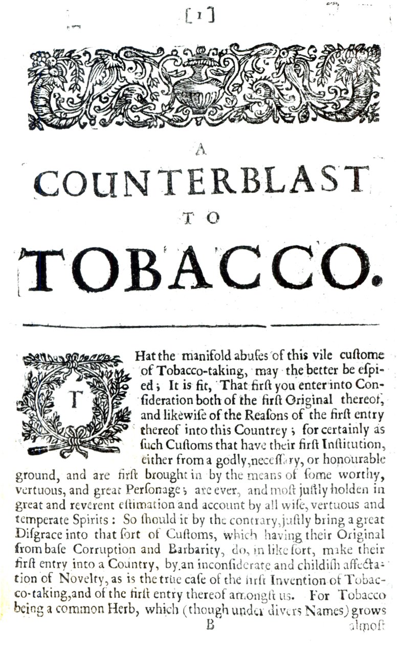 Ein Gegenangriff auf Tabak, eine Abhandlung von James I. von England (1566-1625), veröffentlicht in einer Anti-Raucher-Broschüre, 1672 von English School