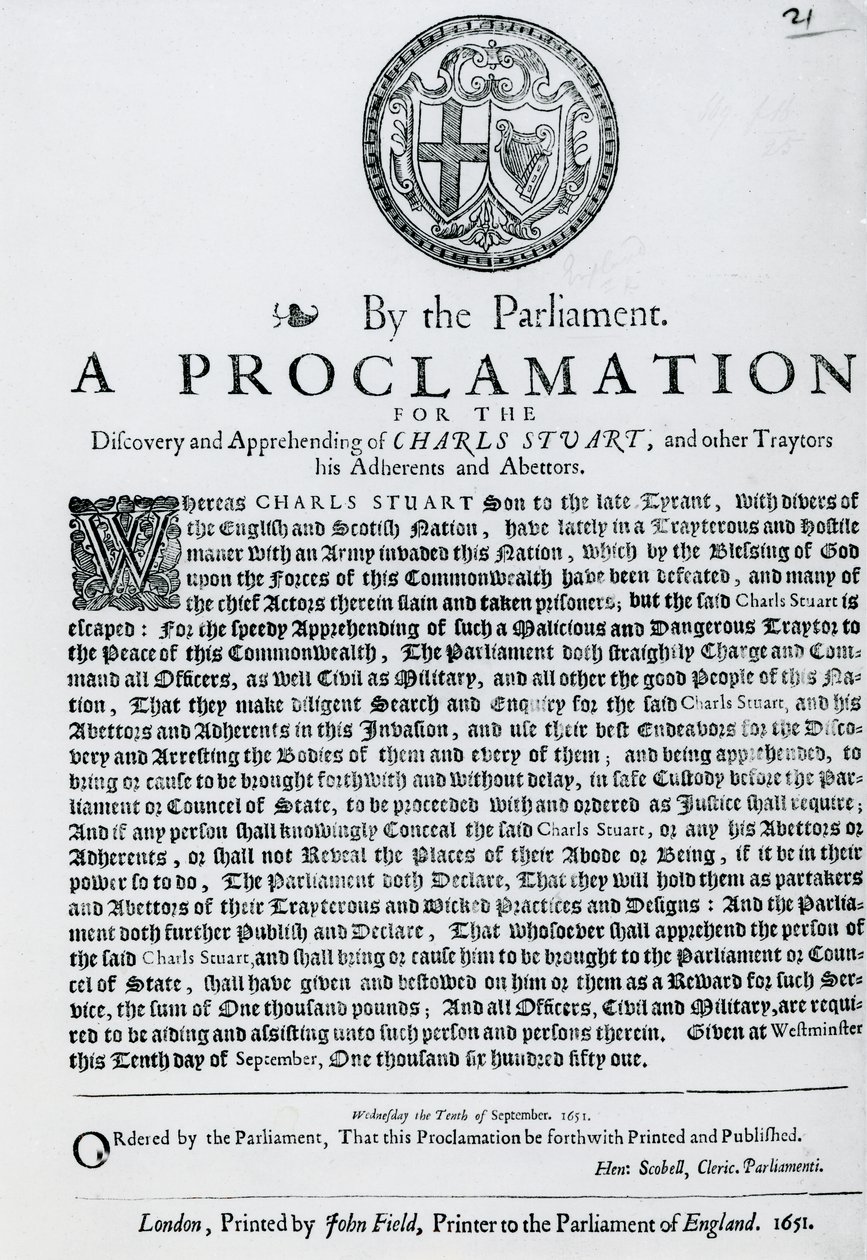 Eine Proklamation des Parlaments zur Entdeckung und Ergreifung von Charles Stuart und anderen Verrätern, Anhängern und Unterstützern, veröffentlicht 1651 von English School