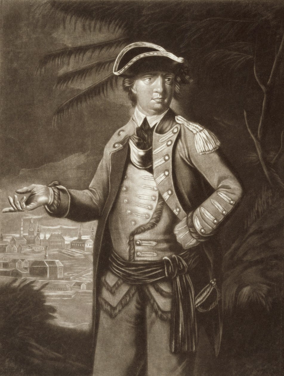 Benedict Arnold, nach einem Porträt von 1766 mit Quebec im Hintergrund von English School