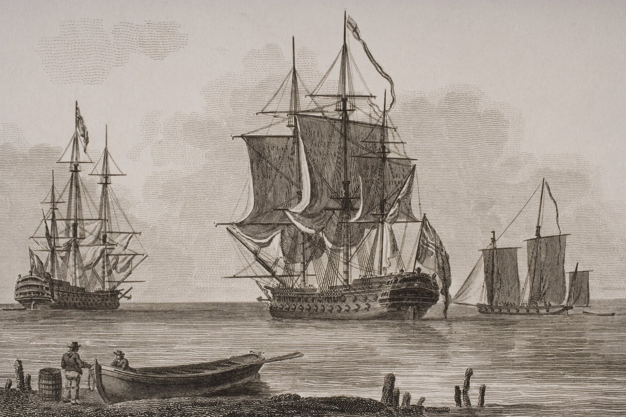Britische Kriegsschiffe, graviert von Thomas Milton (1743-1827), 1820 von English School