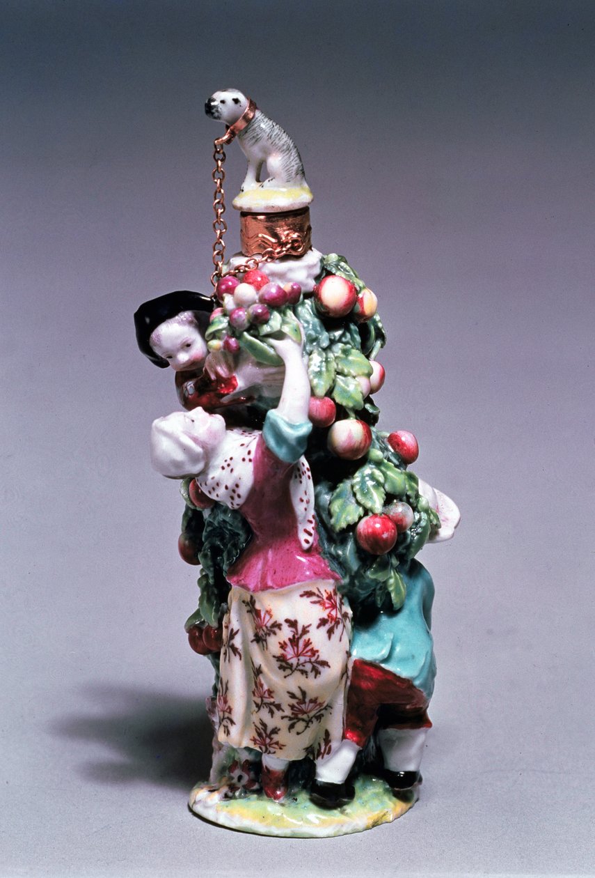 Chelsea-Duftflasche, die eine Mutter und Kinder beim Obstpflücken darstellt, Goldanker-Periode, 1758-69 (Porzellan) von English School