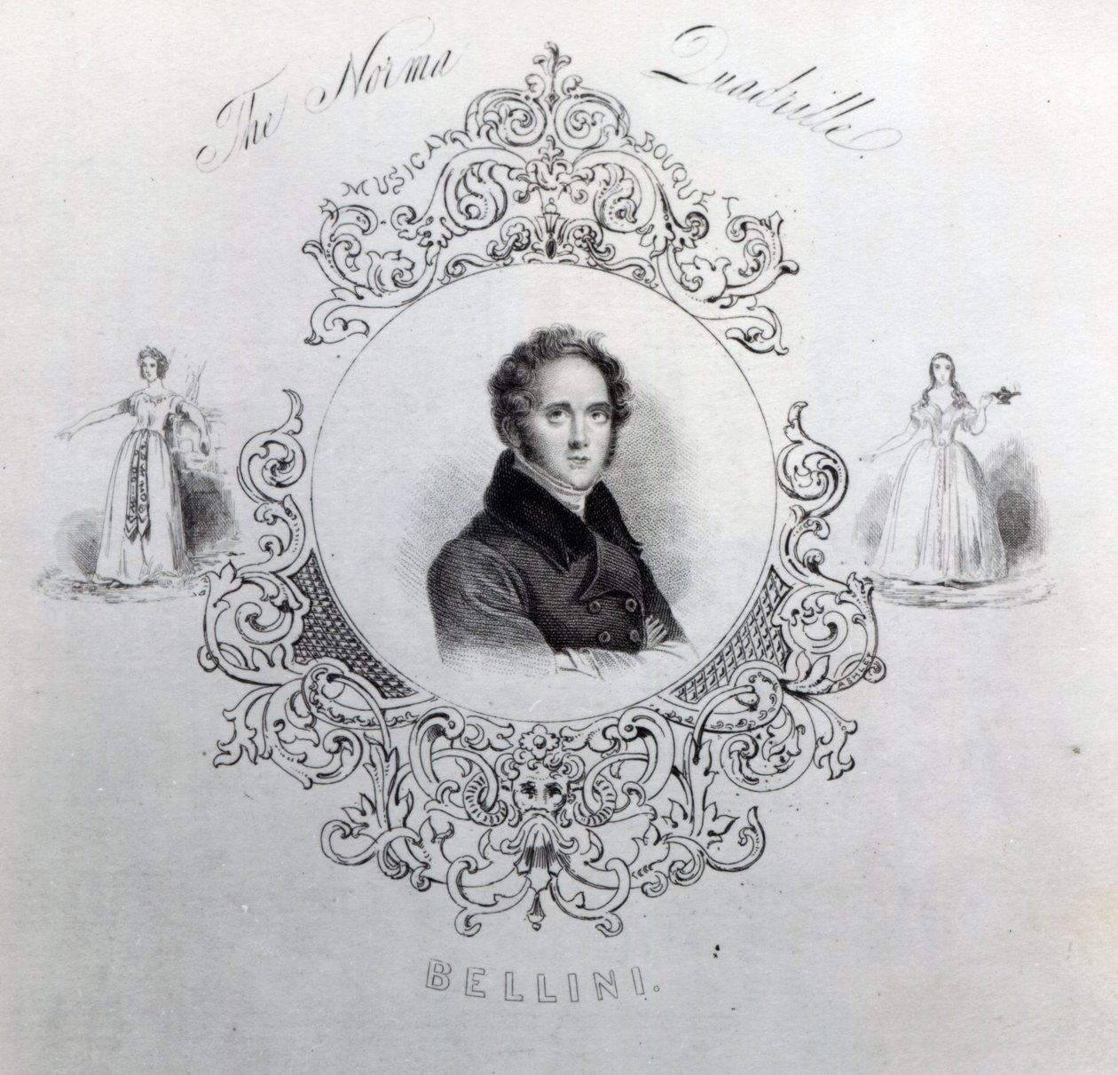 Titelblatt der Noten für eine Quadrille, mit einem Porträt von Vincenzo Bellini von English School
