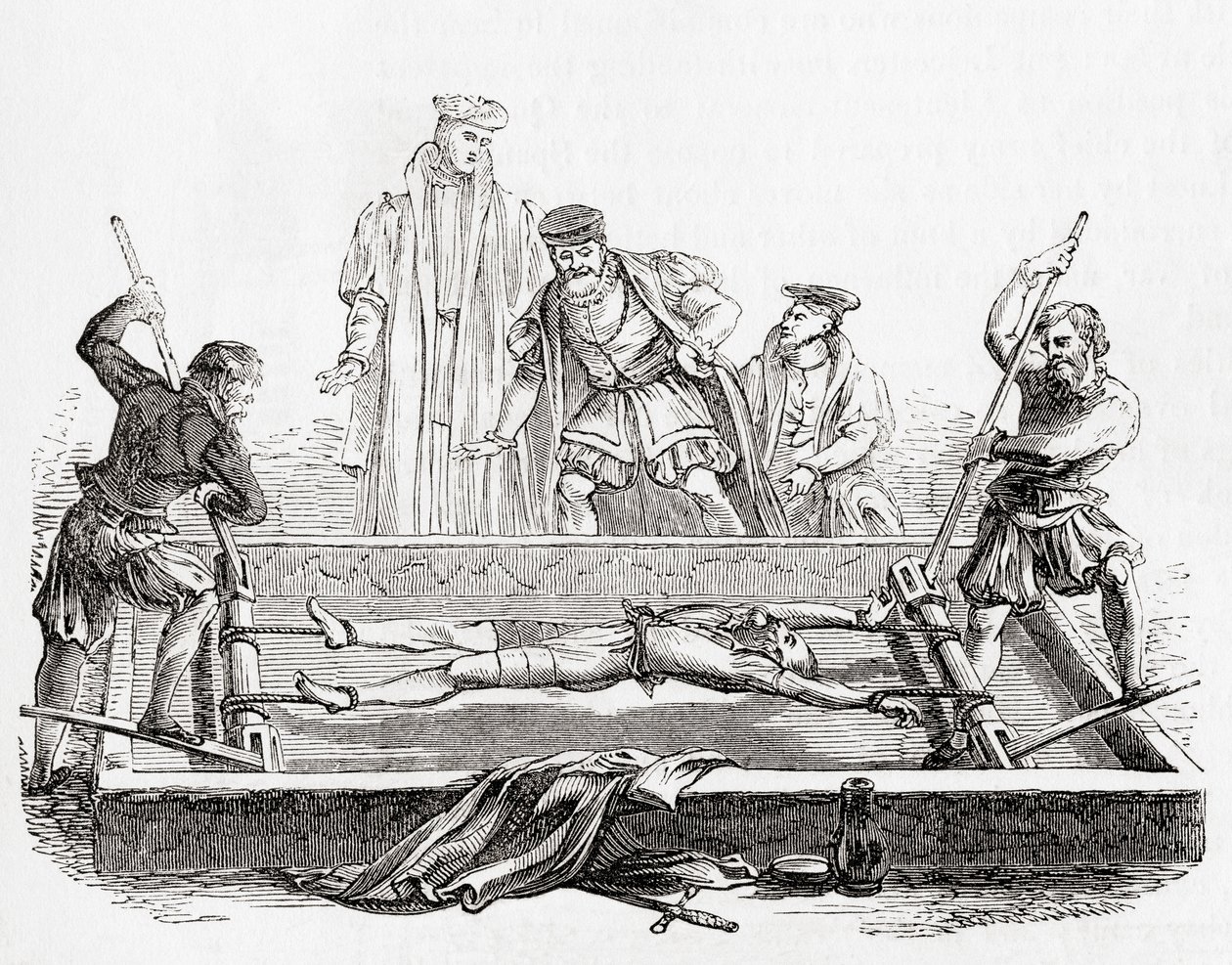 Cuthbert Simpson, gefoltert auf der Streckbank im Tower of London während der Marianischen Verfolgung, 1558, aus Old England: A Pictorial Museum, veröffentlicht 1847 von English School