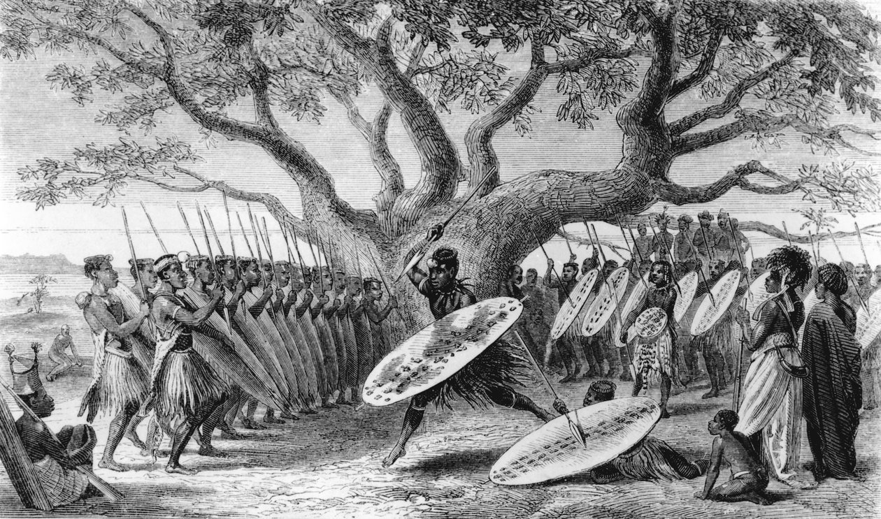 Tanz der Landeens oder Zulus, angekommen in Shupanga, um den jährlichen Tribut der Portugiesen zu erheben, graviert von Josiah Wood Whymper von English School