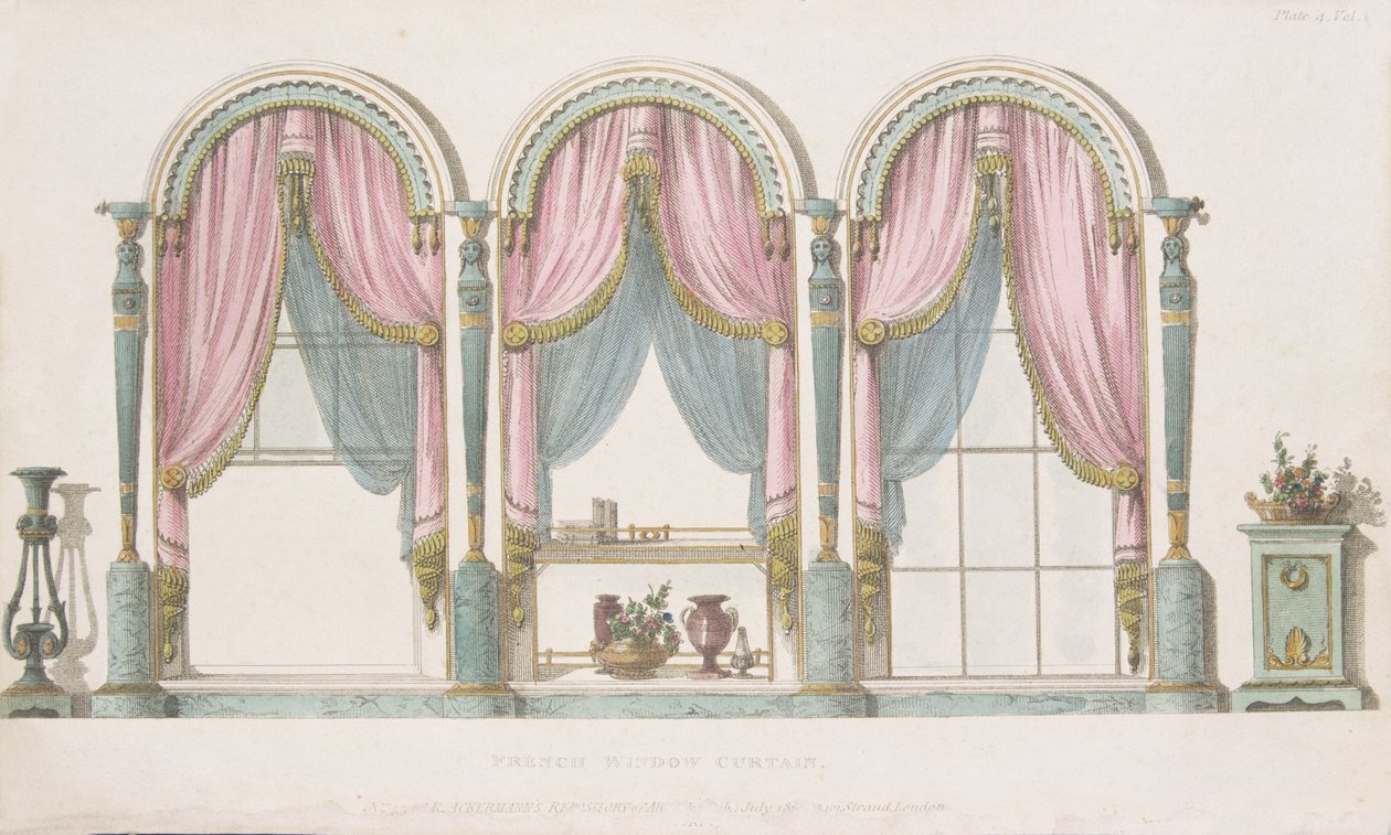 Französischer Vorhang, Tafel 55 aus Ackermanns Repository of Arts, veröffentlicht 1809-28 von English School