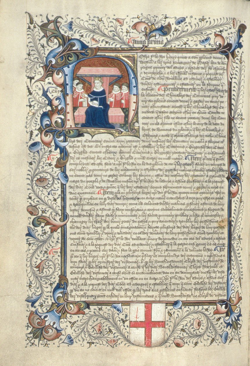 Heinrich V. (1387-1422) und einige Höflinge, dargestellt im Initial H, aus Cartae Antiquae, Ende des 15. Jahrhunderts von English School