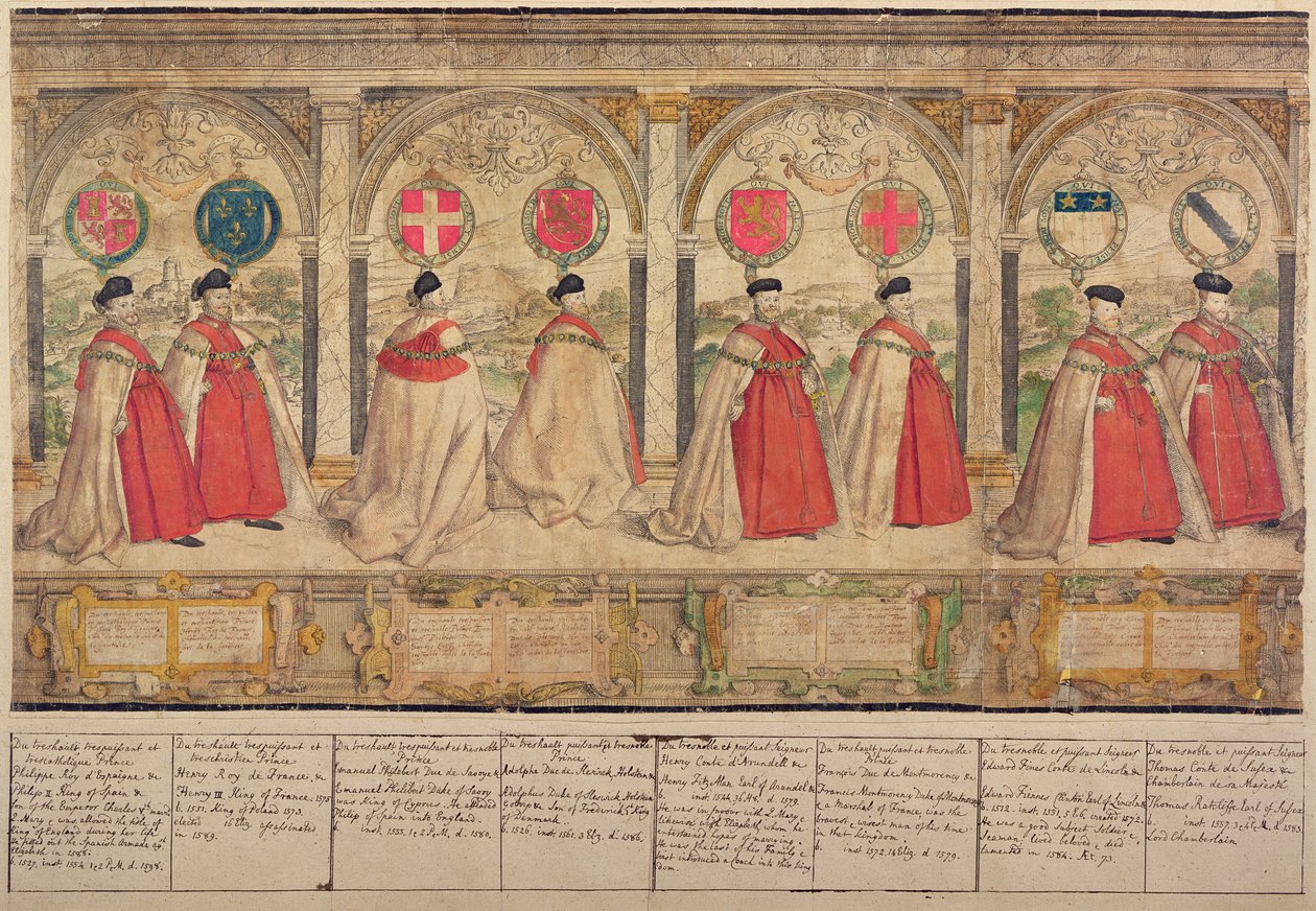 Imaginäre zusammengesetzte Prozession des Hosenbandordens in Windsor, graviert von Marcus Gheeraerts dem Älteren, 1576 von English School