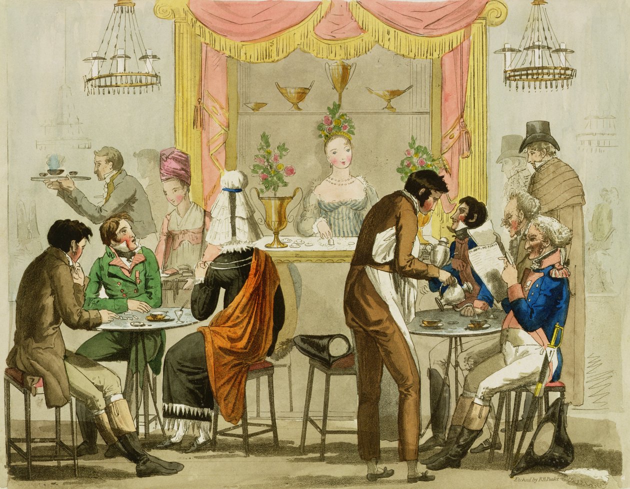 Innenraum eines Kaffeehauses, veröffentlicht für William Pearman Library, 1819 von English School