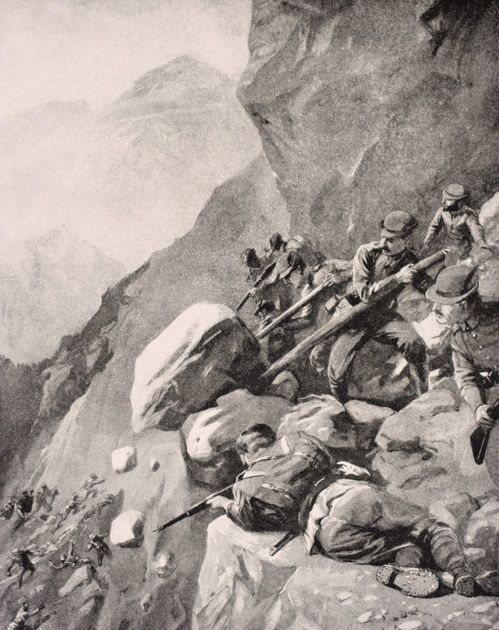 Italienische Truppen werfen Felsbrocken auf feindliche Soldaten in den Dolomiten, 1915, aus 