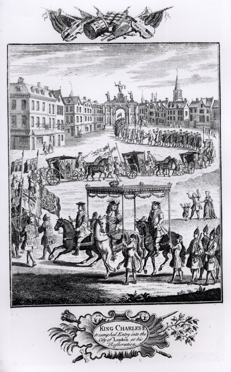 König Karl II (1630-85): Triumphaler Einzug in die Stadt London bei seiner Restauration, Mai 1660 von English School