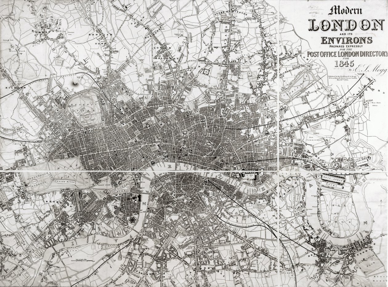 Karte von Modern London und Umgebung, 1845 von English School