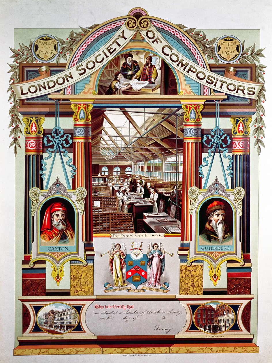 Mitgliedszertifikat der London Society of Compositors von English School