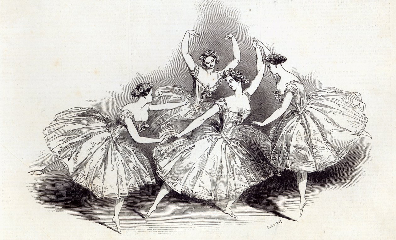 Neues Pas de Quatre, von Mdlles. Taglioni, C. Grisi, L. Grahn und Cerito, im Theater Ihrer Majestät, aus The Illustrated London News, 19. Juli 1845 von English School