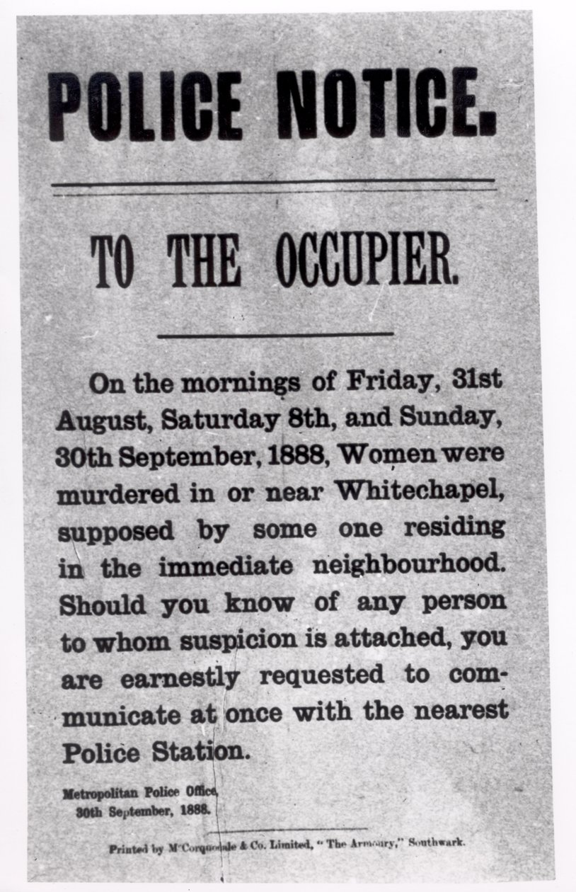 Polizeimitteilung an den Bewohner bezüglich der Morde in Whitechapel, 30. September 1888 von English School